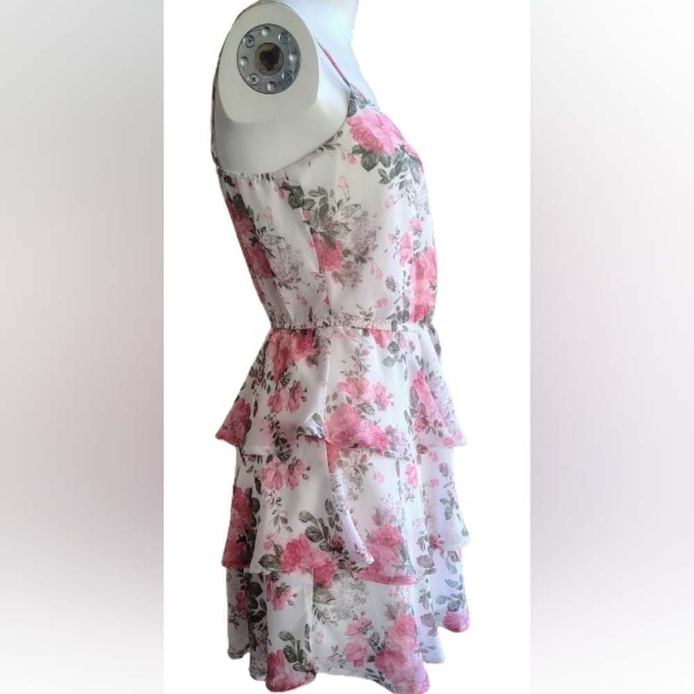 Trixxi Floral Tiered Ruffle Mini Dress | Pink & White | Size M - Picture 4 of 7